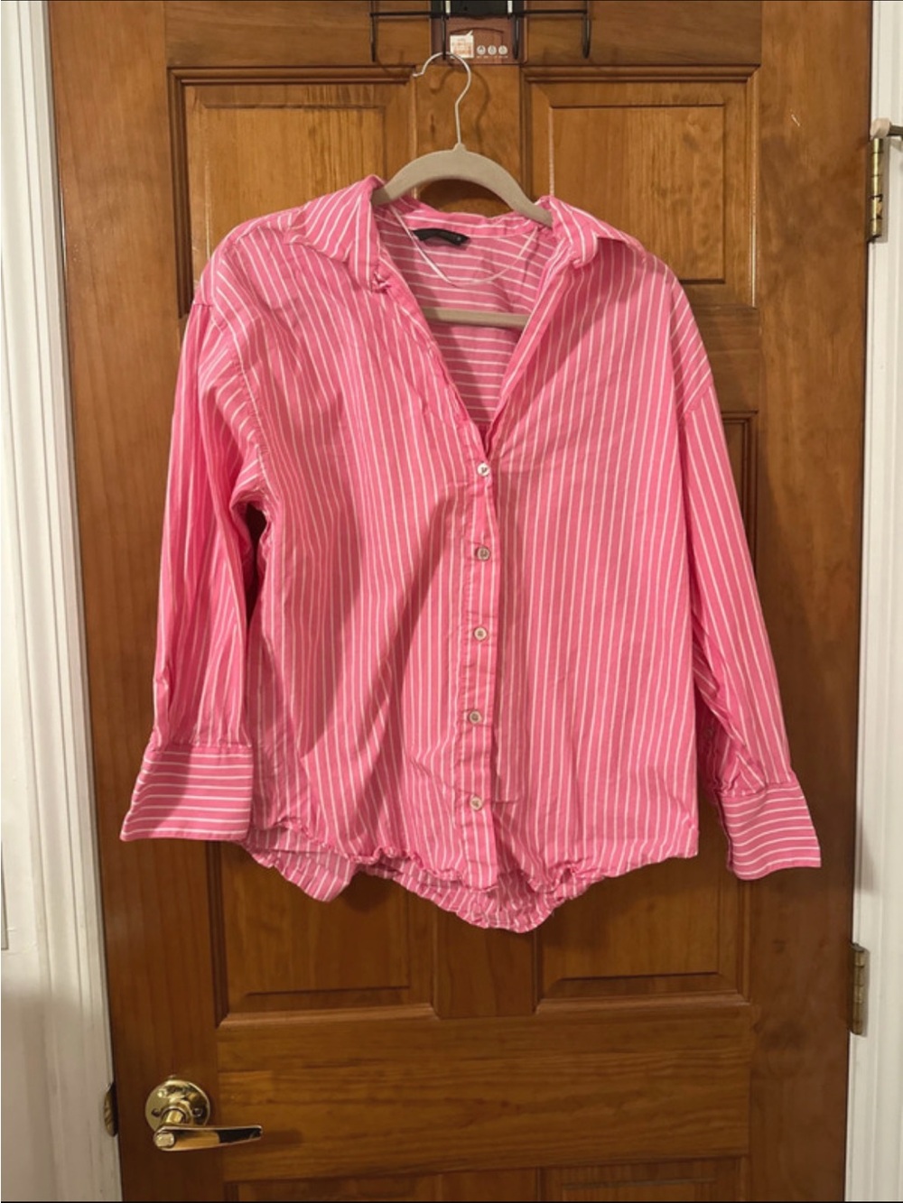 Zara Pink and White Striped Button-Down Shirt